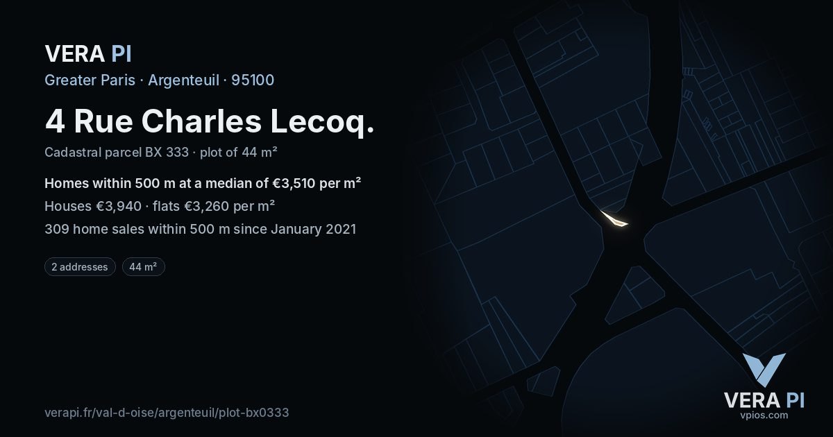 4 Rue Charles Lecoq, Argenteuil at night – the plot lit, the parcels around coloured by the prices near them
