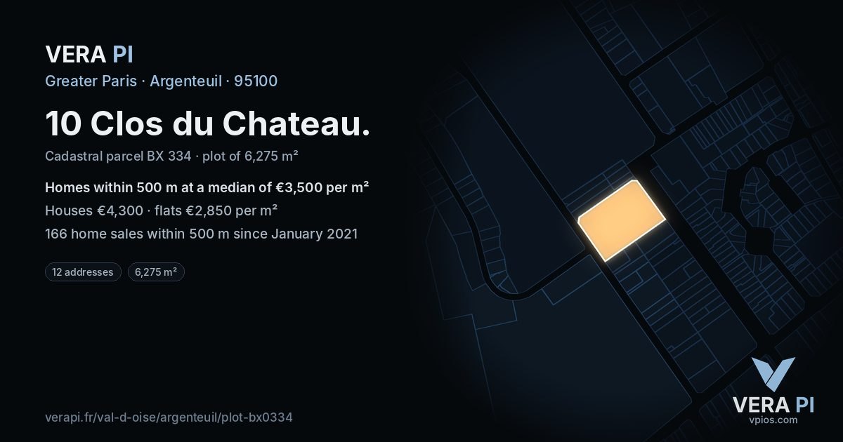 10 Clos du Chateau, Argenteuil at night – the plot lit, the parcels around coloured by the prices near them