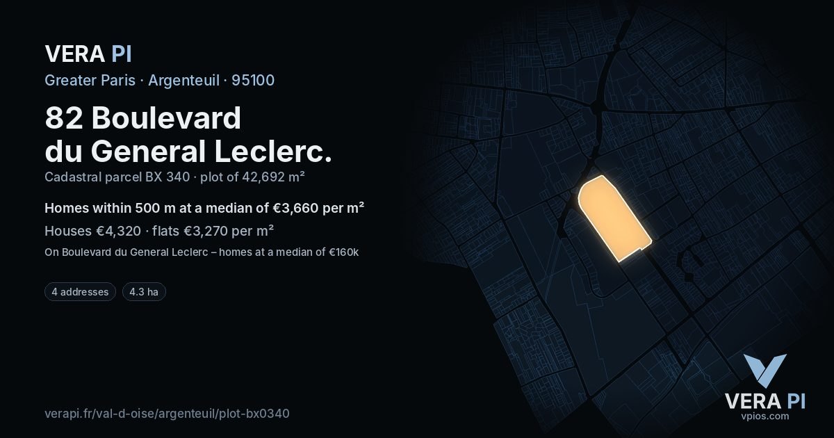 82 Boulevard du General Leclerc, Argenteuil at night – the plot lit, the parcels around coloured by the prices near them