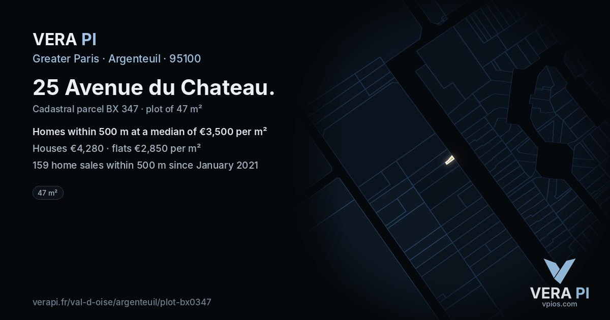 25 Avenue du Chateau, Argenteuil at night – the plot lit, the parcels around coloured by the prices near them
