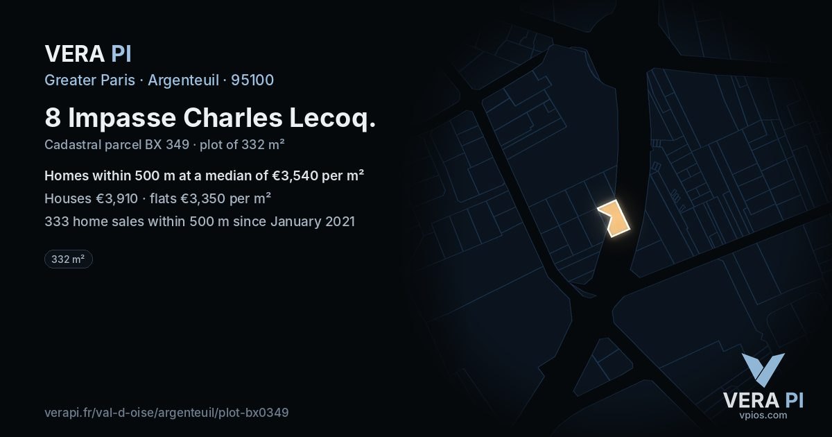 8 Impasse Charles Lecoq, Argenteuil at night – the plot lit, the parcels around coloured by the prices near them
