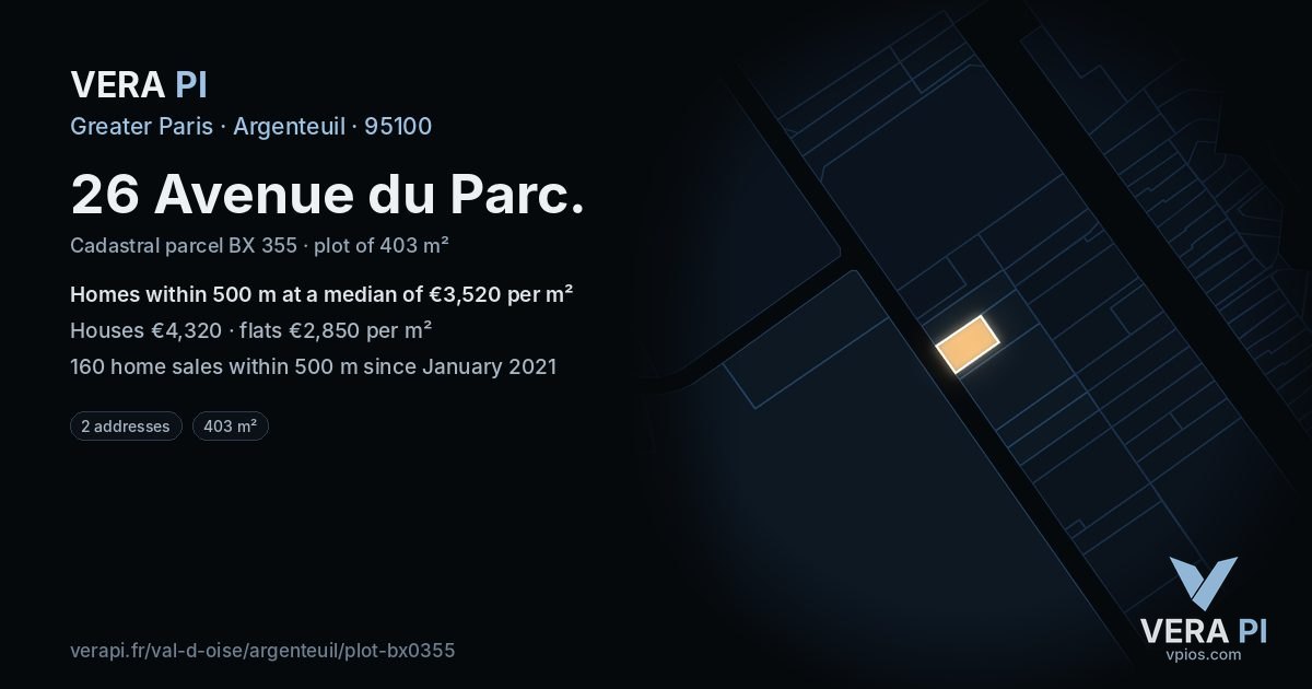 26 Avenue du Parc, Argenteuil at night – the plot lit, the parcels around coloured by the prices near them