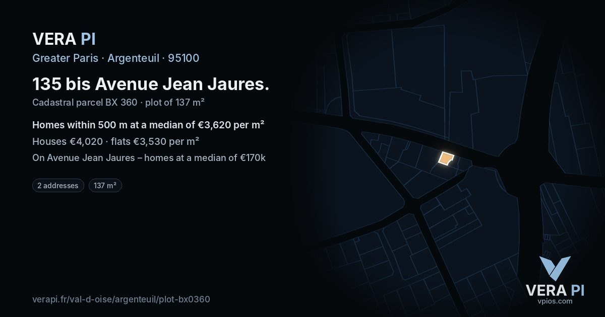 135 bis Avenue Jean Jaures, Argenteuil at night – the plot lit, the parcels around coloured by the prices near them