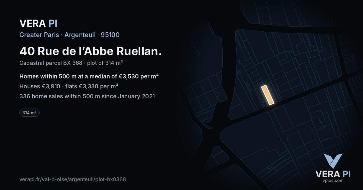 40 Rue de l’Abbe Ruellan, Argenteuil at night – the plot lit, the parcels around coloured by the prices near them