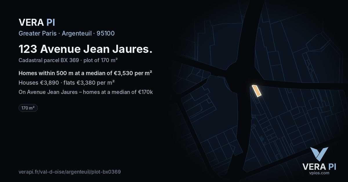123 Avenue Jean Jaures, Argenteuil at night – the plot lit, the parcels around coloured by the prices near them