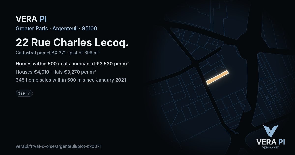 22 Rue Charles Lecoq, Argenteuil at night – the plot lit, the parcels around coloured by the prices near them