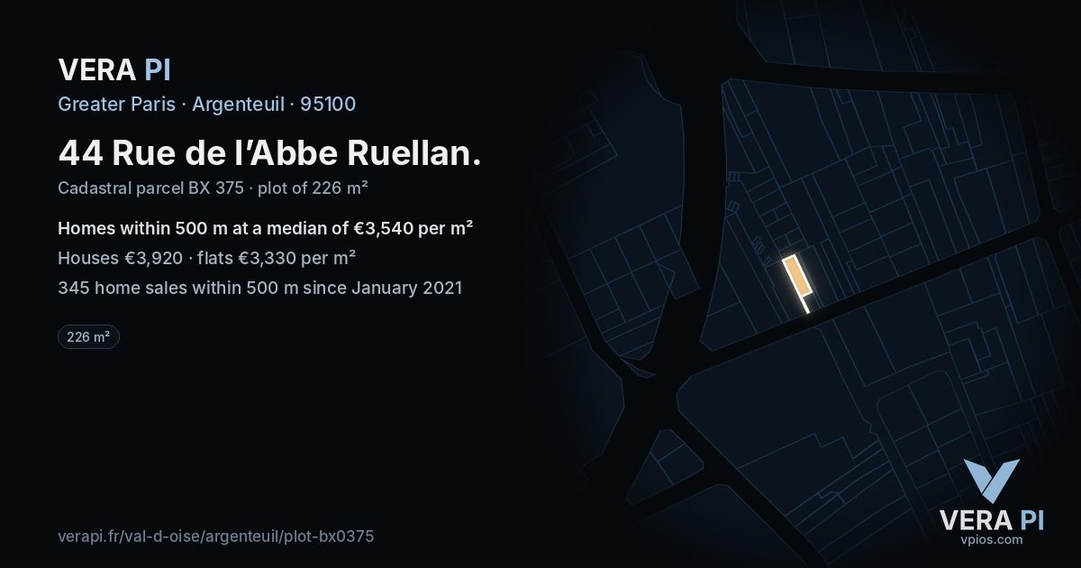 44 Rue de l’Abbe Ruellan, Argenteuil at night – the plot lit, the parcels around coloured by the prices near them