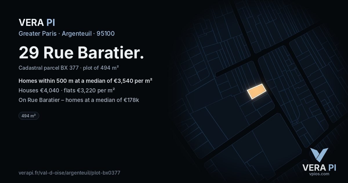 29 Rue Baratier, Argenteuil at night – the plot lit, the parcels around coloured by the prices near them