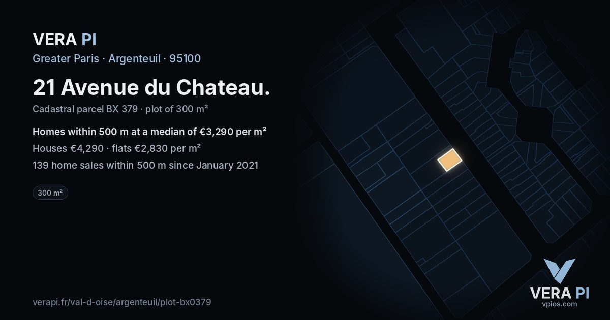 21 Avenue du Chateau, Argenteuil at night – the plot lit, the parcels around coloured by the prices near them