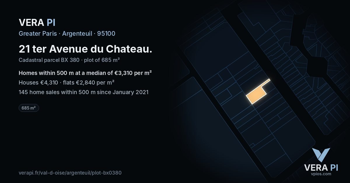 21 ter Avenue du Chateau, Argenteuil at night – the plot lit, the parcels around coloured by the prices near them