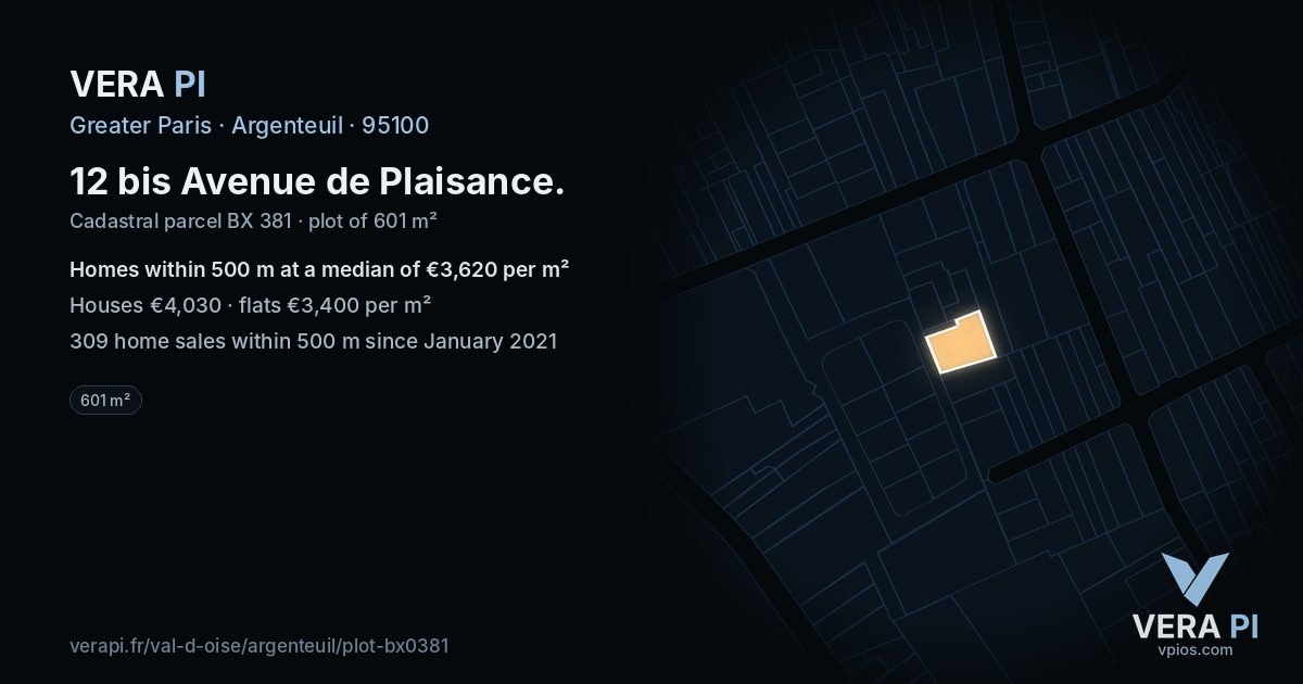 12 bis Avenue de Plaisance, Argenteuil at night – the plot lit, the parcels around coloured by the prices near them