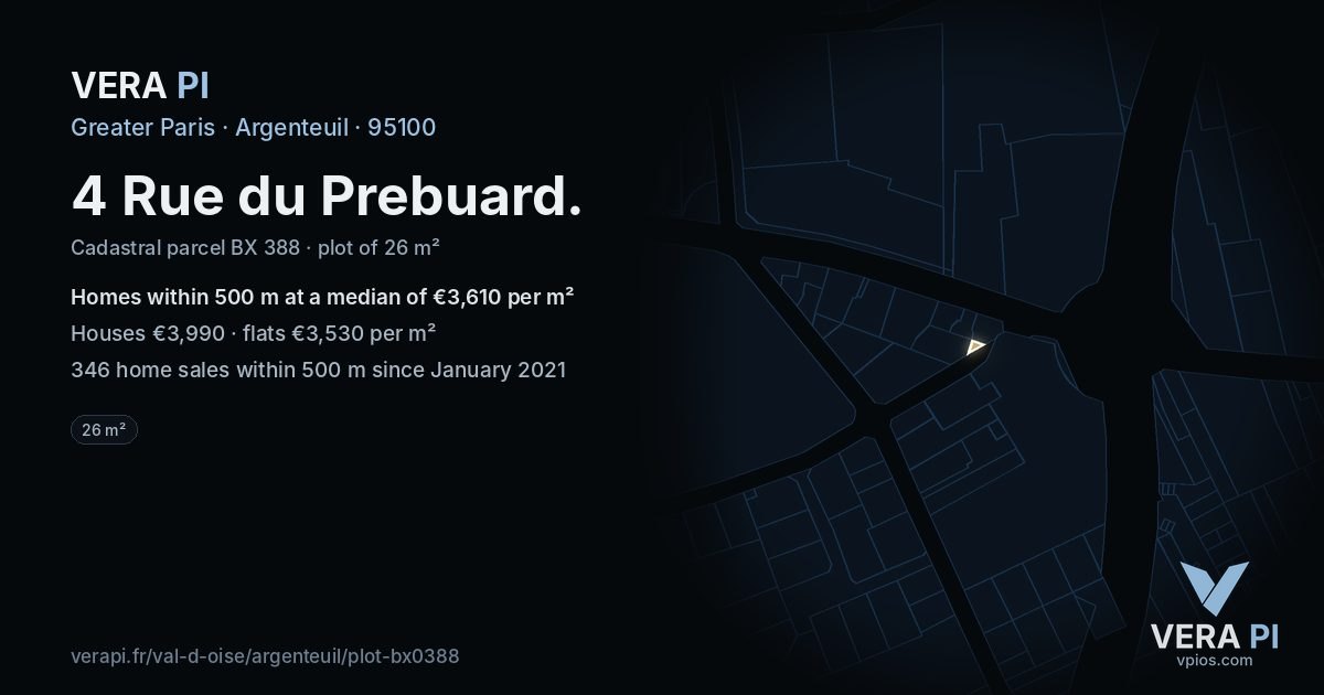 4 Rue du Prebuard, Argenteuil at night – the plot lit, the parcels around coloured by the prices near them