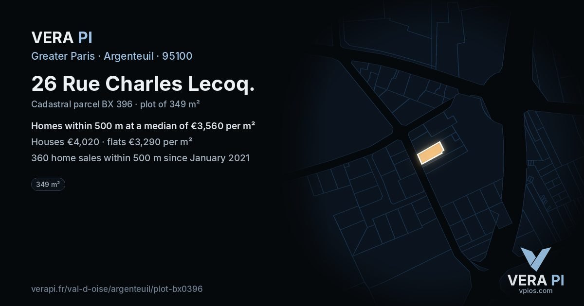 26 Rue Charles Lecoq, Argenteuil at night – the plot lit, the parcels around coloured by the prices near them