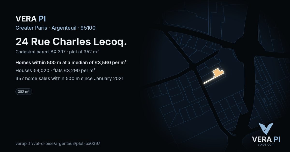 24 Rue Charles Lecoq, Argenteuil at night – the plot lit, the parcels around coloured by the prices near them