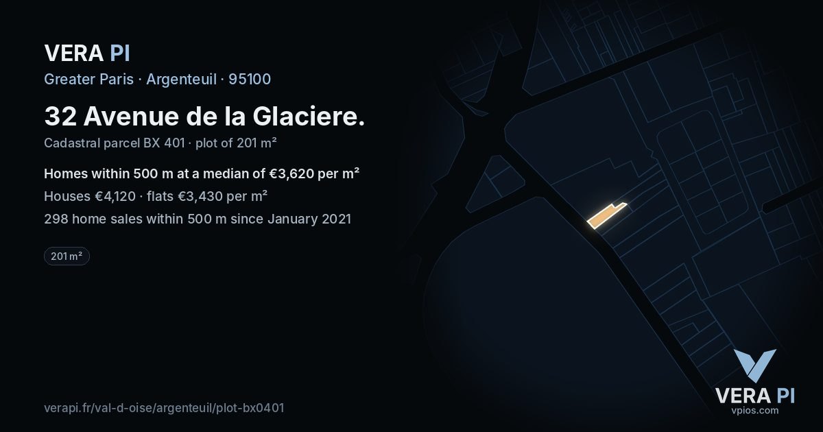 32 Avenue de la Glaciere, Argenteuil at night – the plot lit, the parcels around coloured by the prices near them