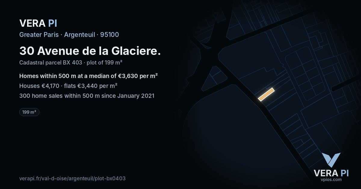 30 Avenue de la Glaciere, Argenteuil at night – the plot lit, the parcels around coloured by the prices near them