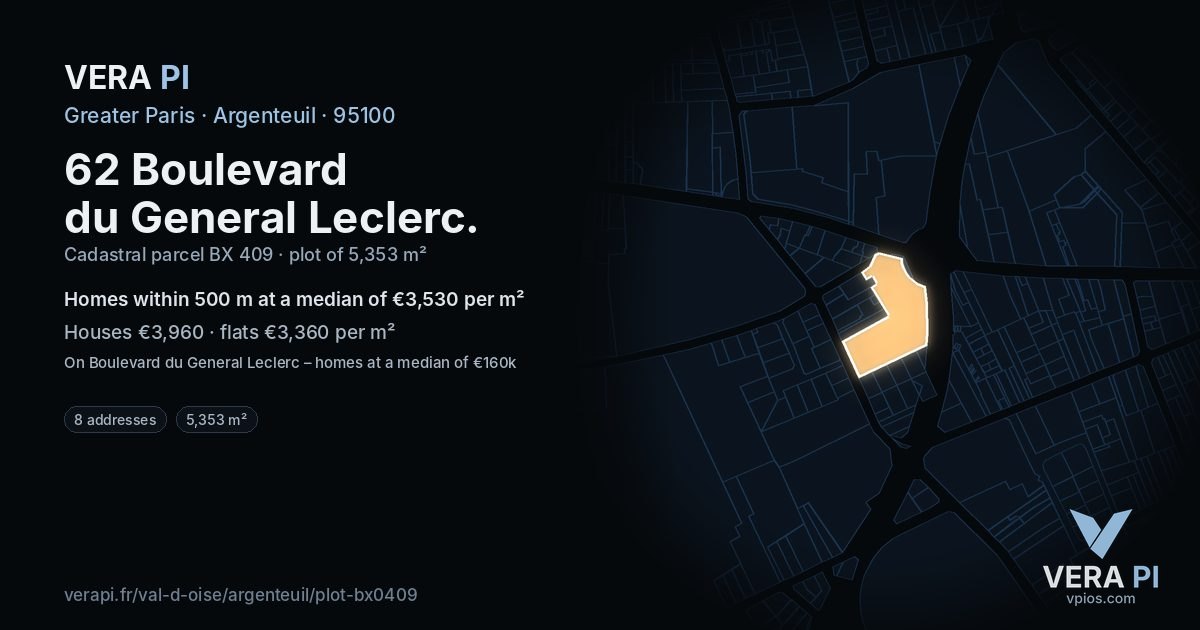 62 Boulevard du General Leclerc, Argenteuil at night – the plot lit, the parcels around coloured by the prices near them