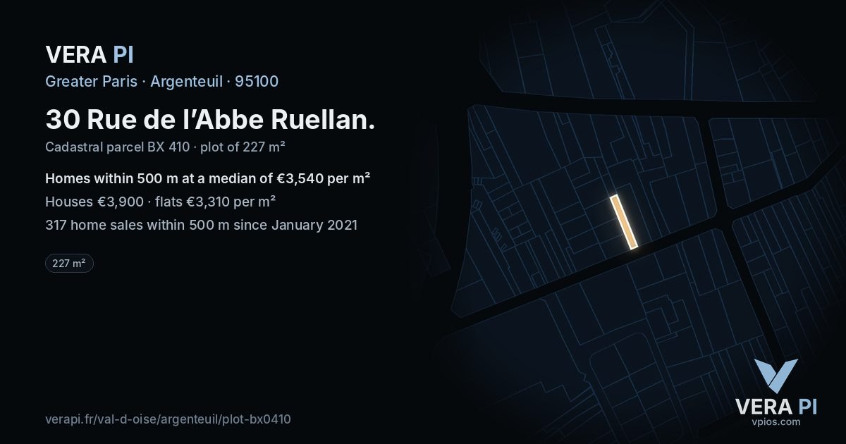 30 Rue de l’Abbe Ruellan, Argenteuil at night – the plot lit, the parcels around coloured by the prices near them