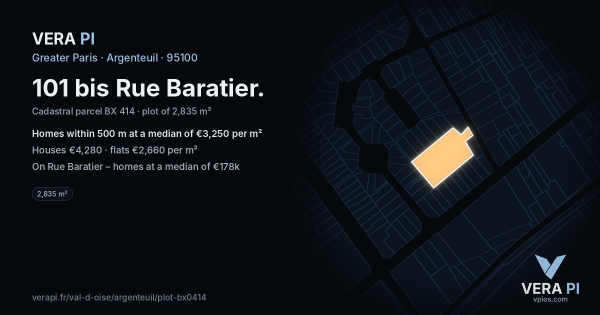 101 bis Rue Baratier, Argenteuil at night – the plot lit, the parcels around coloured by the prices near them