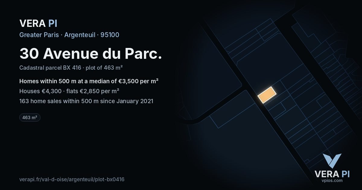 30 Avenue du Parc, Argenteuil at night – the plot lit, the parcels around coloured by the prices near them