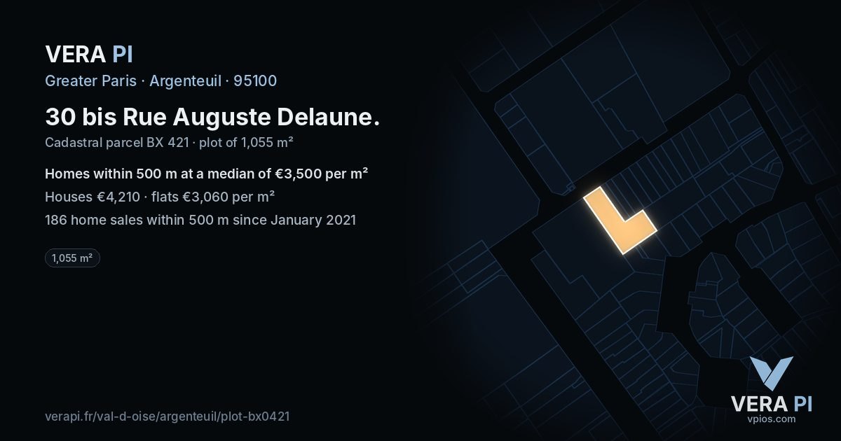 30 bis Rue Auguste Delaune, Argenteuil at night – the plot lit, the parcels around coloured by the prices near them