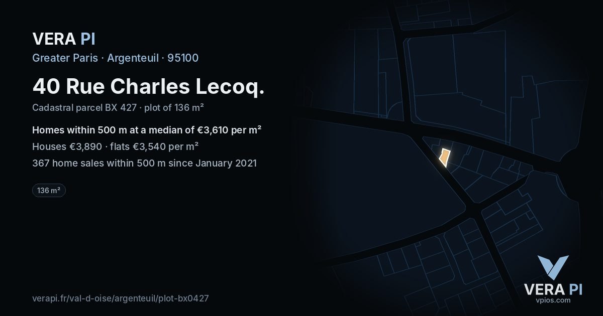 40 Rue Charles Lecoq, Argenteuil at night – the plot lit, the parcels around coloured by the prices near them