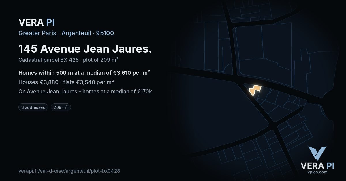 145 Avenue Jean Jaures, Argenteuil at night – the plot lit, the parcels around coloured by the prices near them