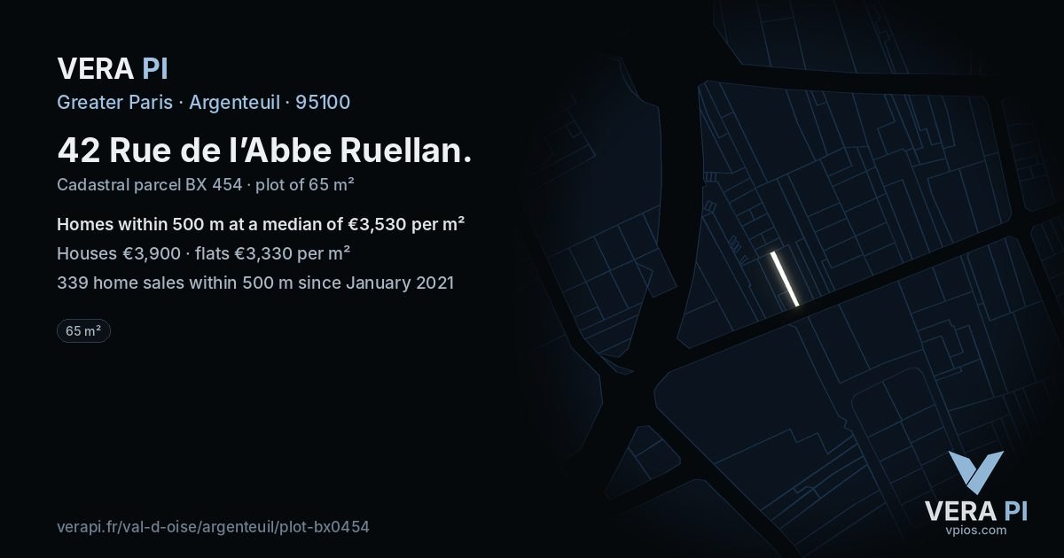 42 Rue de l’Abbe Ruellan, Argenteuil at night – the plot lit, the parcels around coloured by the prices near them