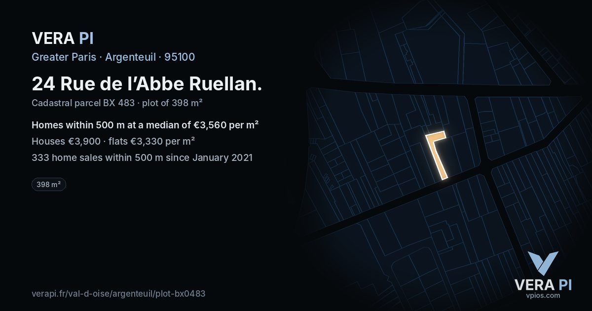 24 Rue de l’Abbe Ruellan, Argenteuil at night – the plot lit, the parcels around coloured by the prices near them