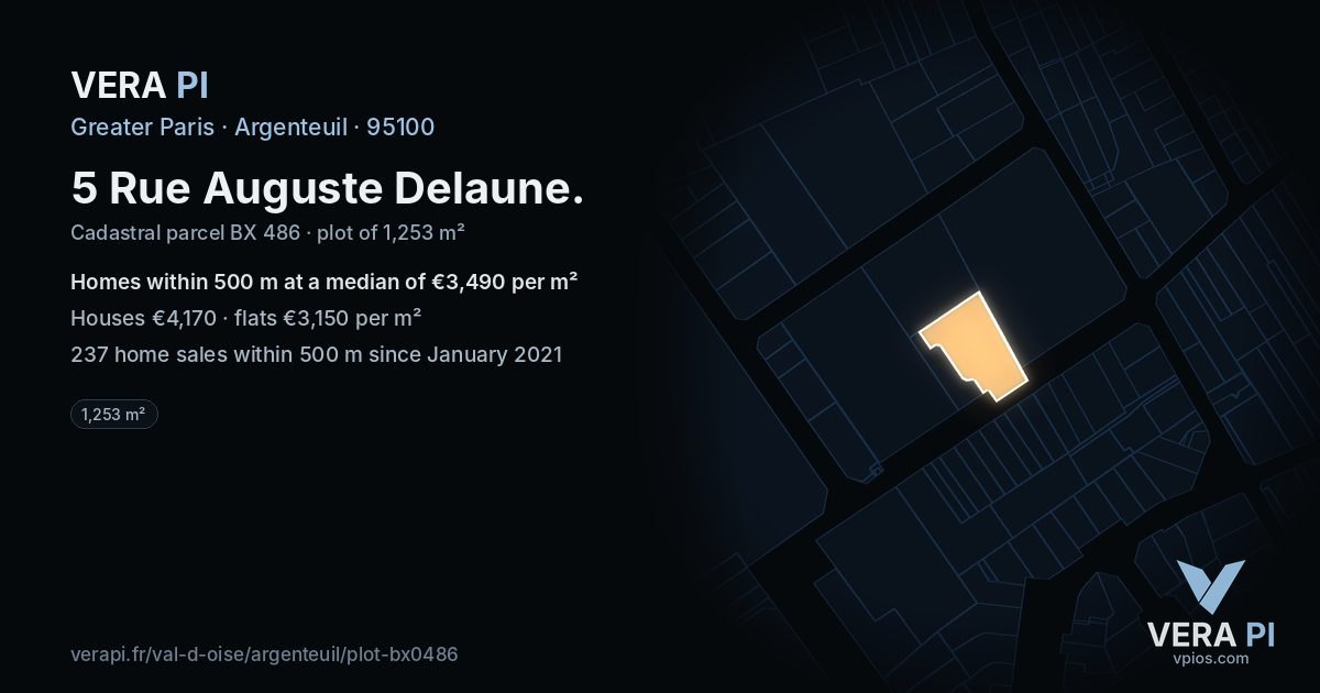 5 Rue Auguste Delaune, Argenteuil at night – the plot lit, the parcels around coloured by the prices near them
