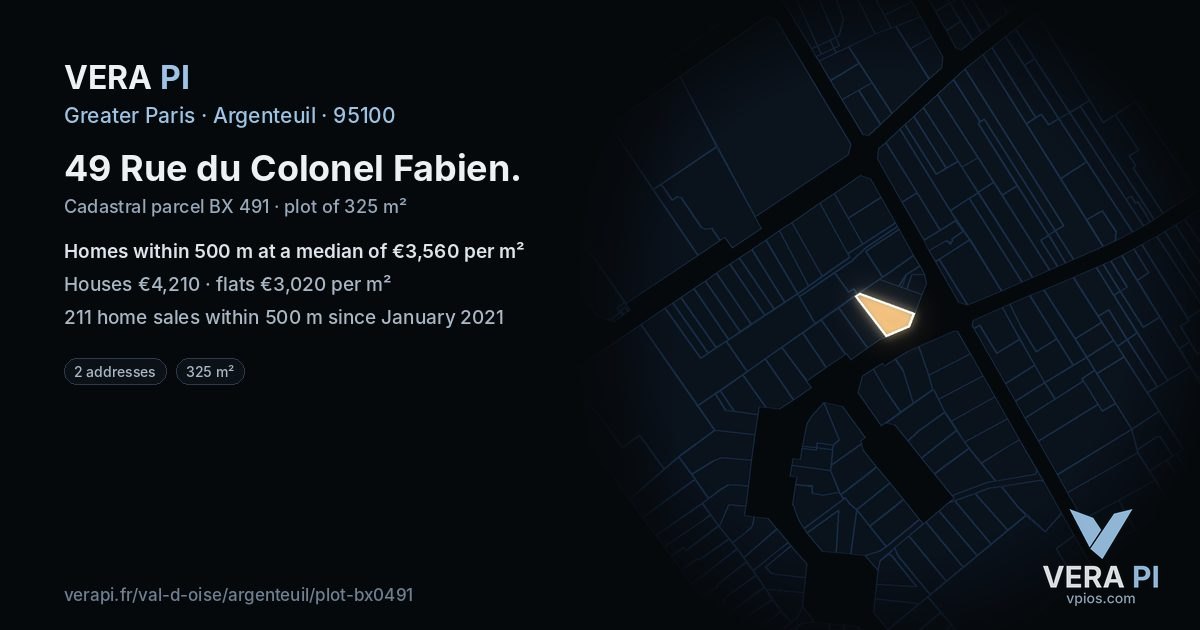49 Rue du Colonel Fabien, Argenteuil at night – the plot lit, the parcels around coloured by the prices near them