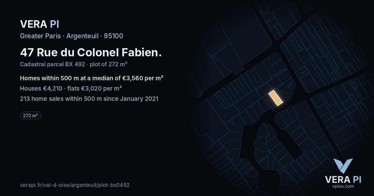 47 Rue du Colonel Fabien, Argenteuil at night – the plot lit, the parcels around coloured by the prices near them