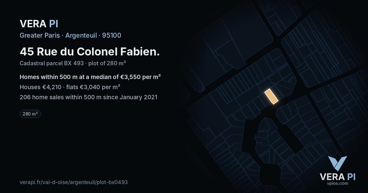 45 Rue du Colonel Fabien, Argenteuil at night – the plot lit, the parcels around coloured by the prices near them