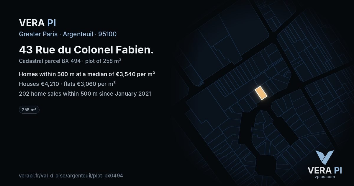 43 Rue du Colonel Fabien, Argenteuil at night – the plot lit, the parcels around coloured by the prices near them