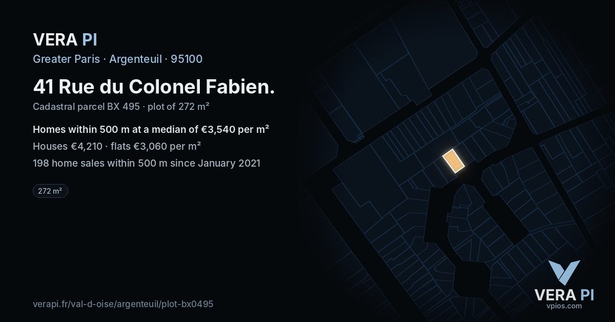 41 Rue du Colonel Fabien, Argenteuil at night – the plot lit, the parcels around coloured by the prices near them