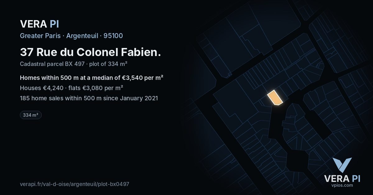 37 Rue du Colonel Fabien, Argenteuil at night – the plot lit, the parcels around coloured by the prices near them