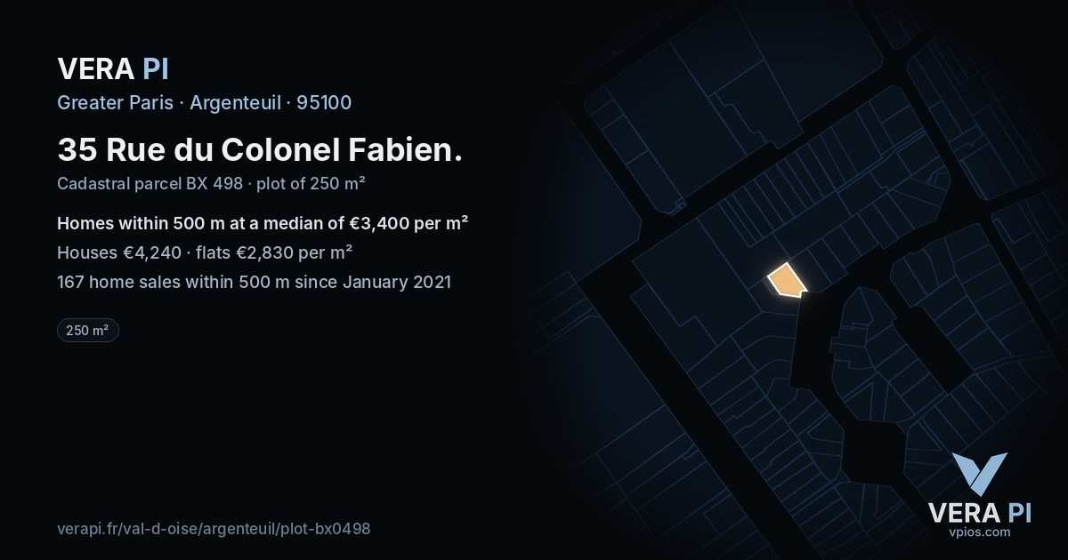 35 Rue du Colonel Fabien, Argenteuil at night – the plot lit, the parcels around coloured by the prices near them