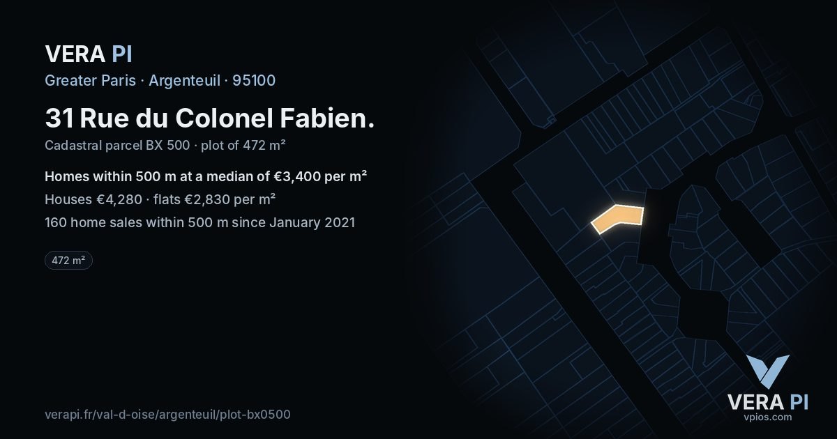 31 Rue du Colonel Fabien, Argenteuil at night – the plot lit, the parcels around coloured by the prices near them