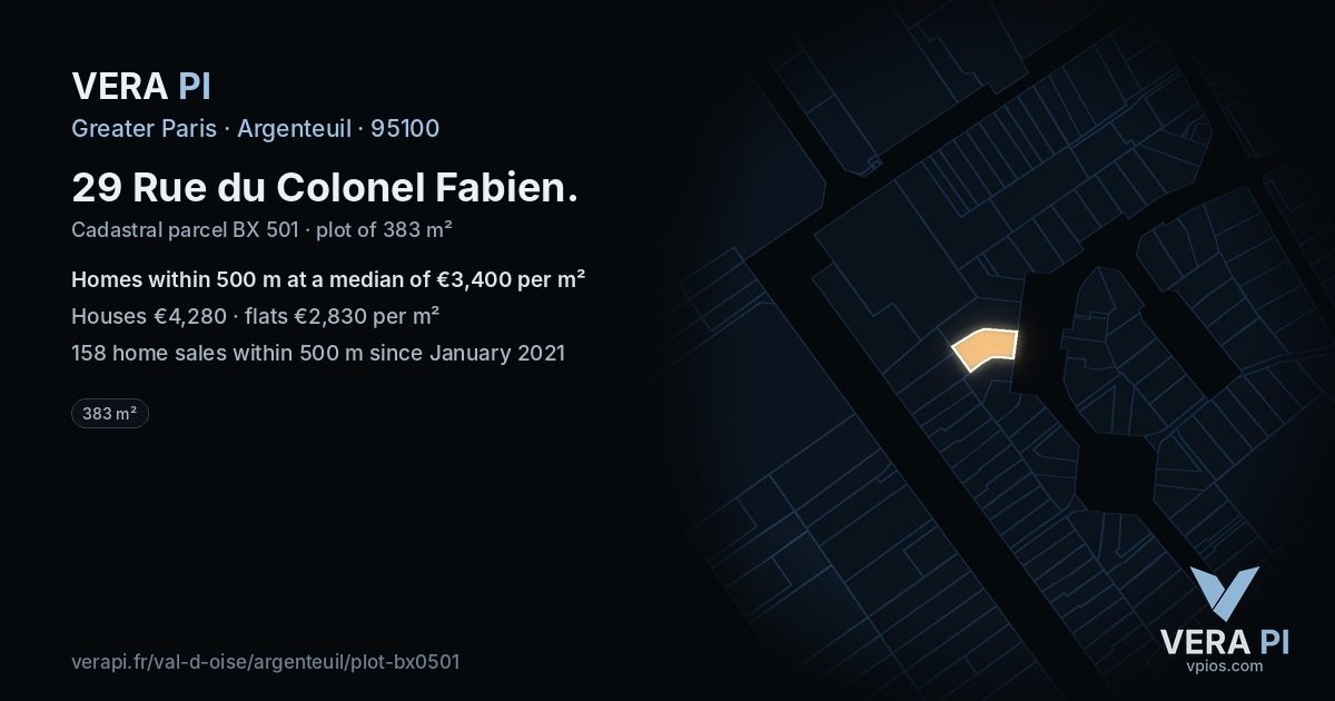 29 Rue du Colonel Fabien, Argenteuil at night – the plot lit, the parcels around coloured by the prices near them
