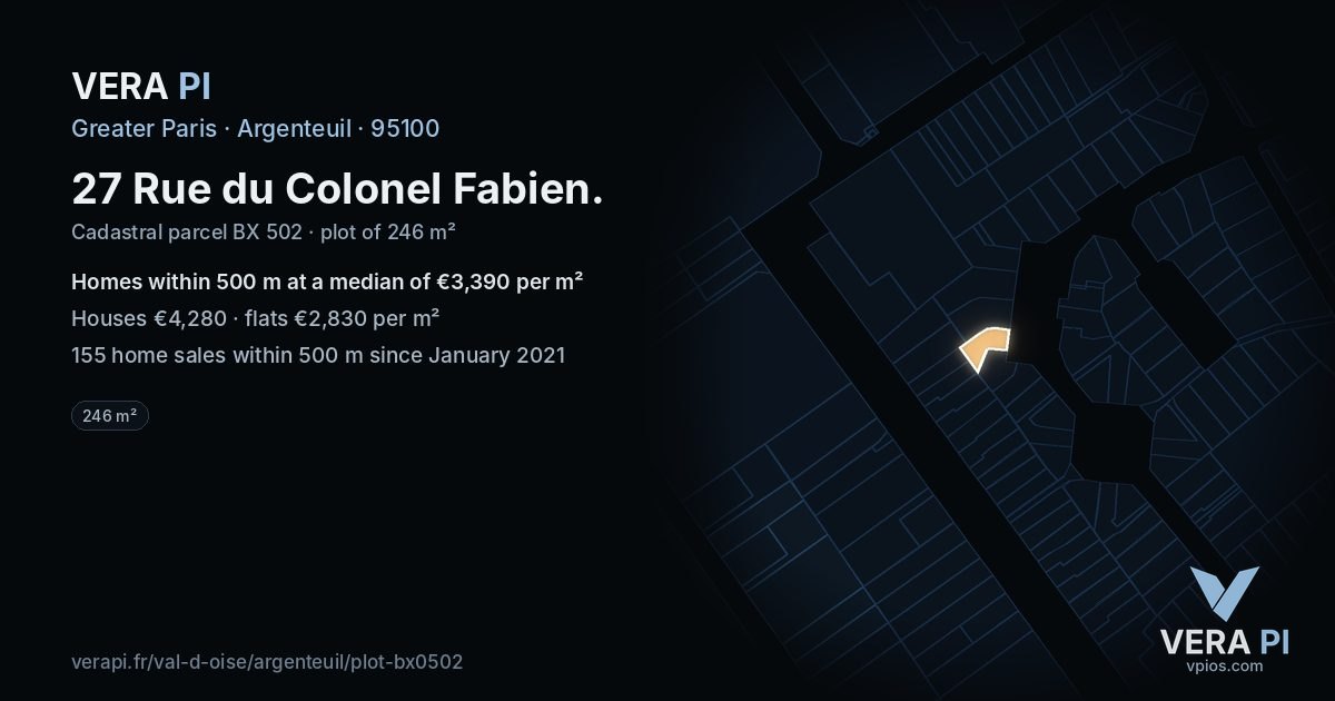 27 Rue du Colonel Fabien, Argenteuil at night – the plot lit, the parcels around coloured by the prices near them