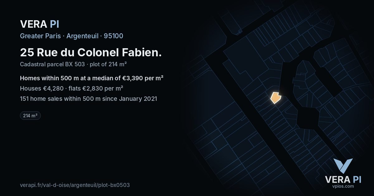 25 Rue du Colonel Fabien, Argenteuil at night – the plot lit, the parcels around coloured by the prices near them