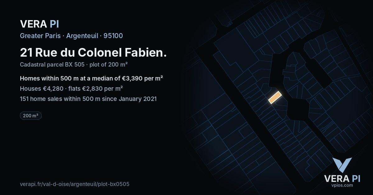 21 Rue du Colonel Fabien, Argenteuil at night – the plot lit, the parcels around coloured by the prices near them