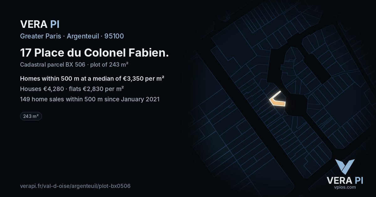 17 Place du Colonel Fabien, Argenteuil at night – the plot lit, the parcels around coloured by the prices near them