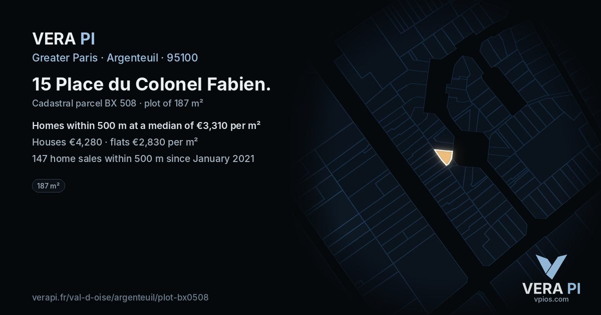 15 Place du Colonel Fabien, Argenteuil at night – the plot lit, the parcels around coloured by the prices near them