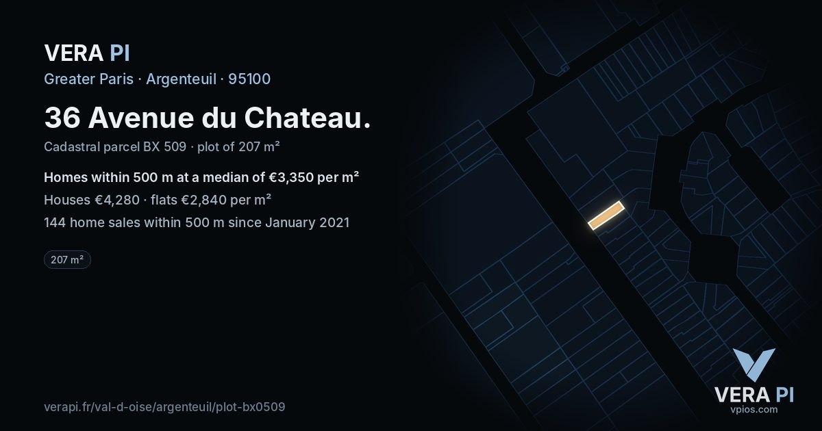 36 Avenue du Chateau, Argenteuil at night – the plot lit, the parcels around coloured by the prices near them