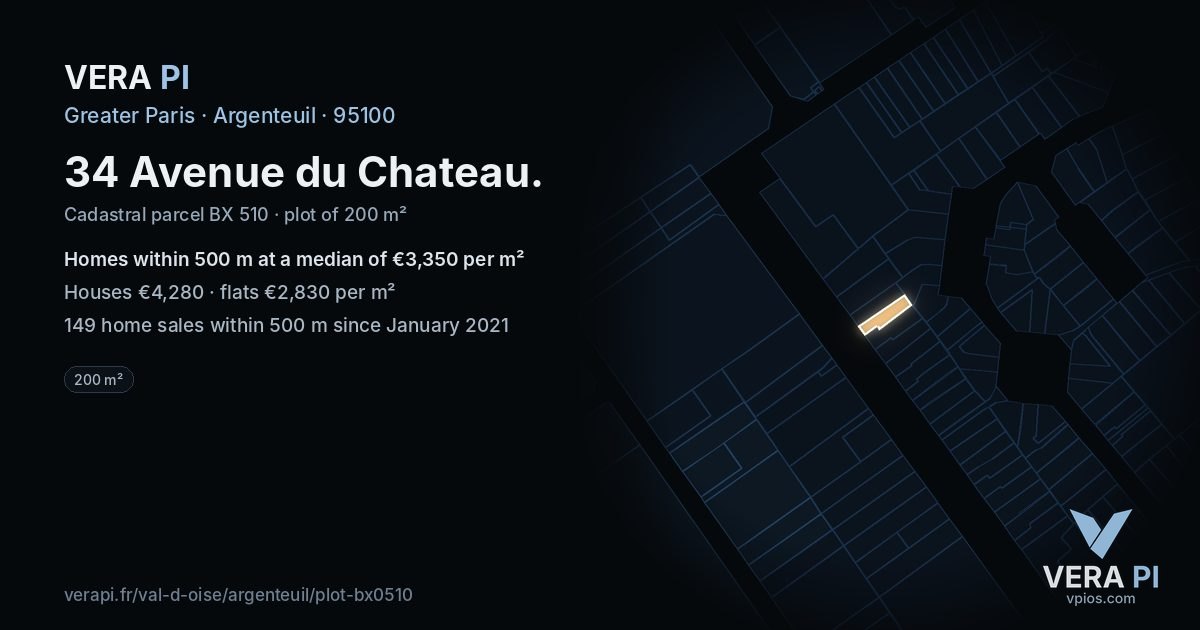 34 Avenue du Chateau, Argenteuil at night – the plot lit, the parcels around coloured by the prices near them