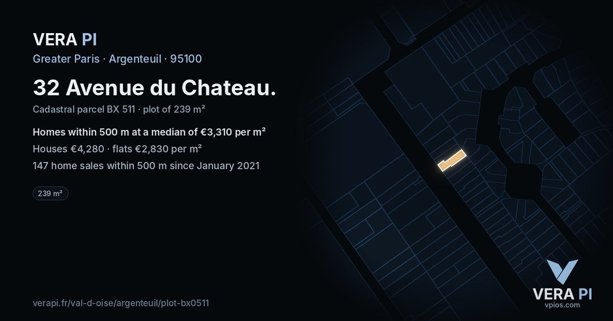 32 Avenue du Chateau, Argenteuil at night – the plot lit, the parcels around coloured by the prices near them