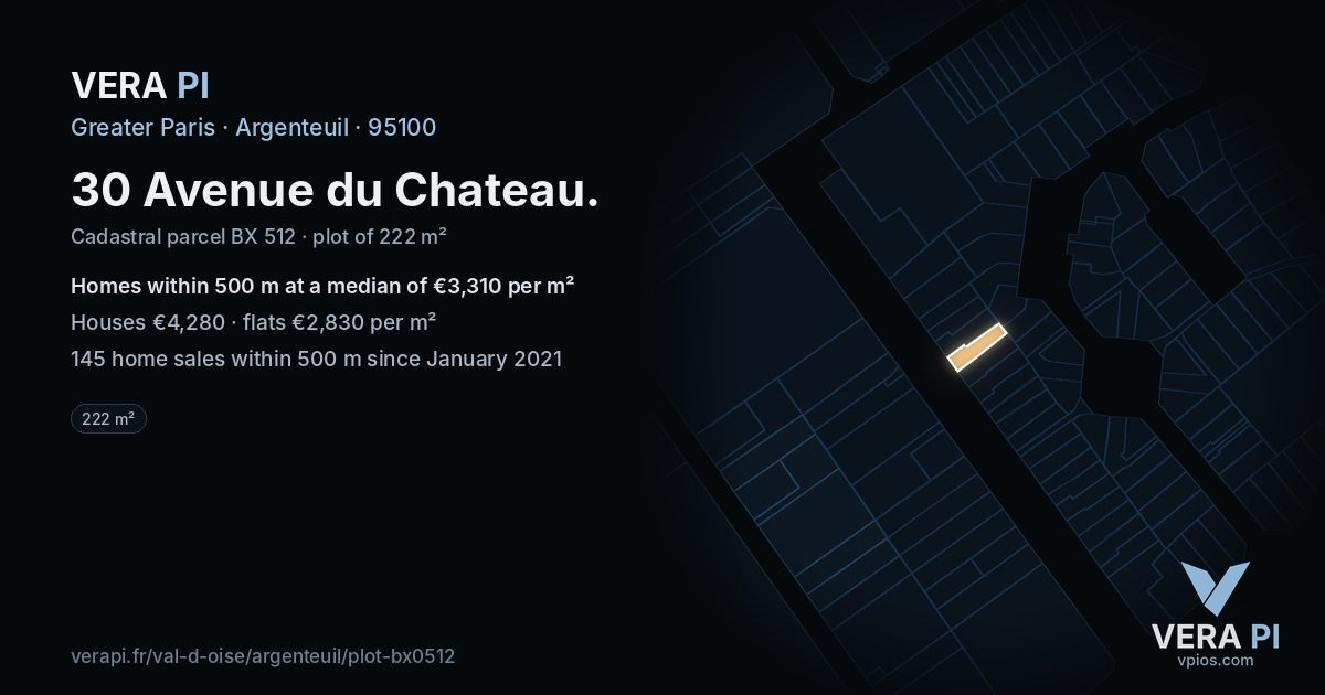 30 Avenue du Chateau, Argenteuil at night – the plot lit, the parcels around coloured by the prices near them