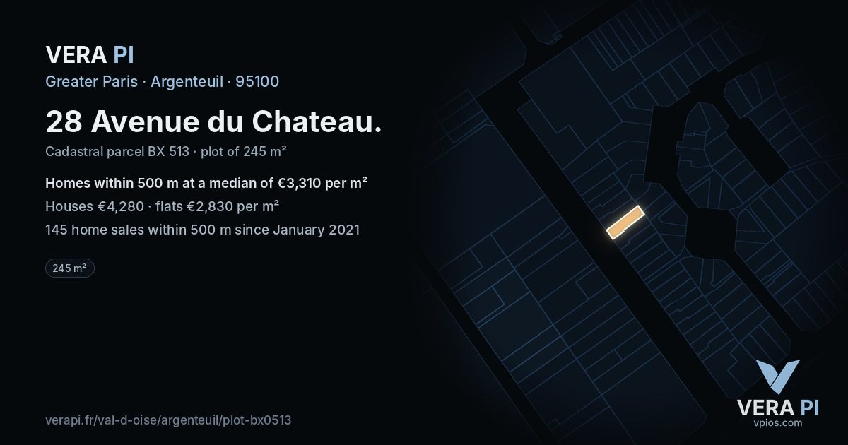 28 Avenue du Chateau, Argenteuil at night – the plot lit, the parcels around coloured by the prices near them