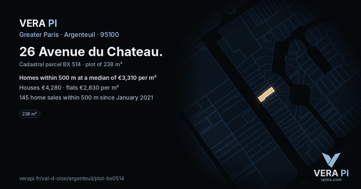 26 Avenue du Chateau, Argenteuil at night – the plot lit, the parcels around coloured by the prices near them